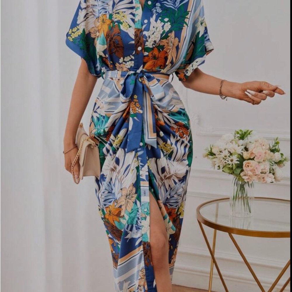 Belted Batwing Floral Midi Dress